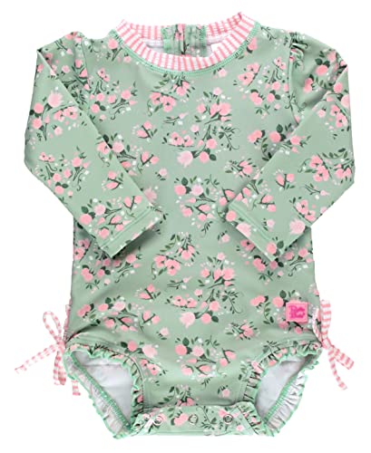 Image of RuffleButts Baby Girls UPF 50+ Sun Protection Floral Printed Long Sleeve One Piece Rash Guard Swimsuit with Zipper
