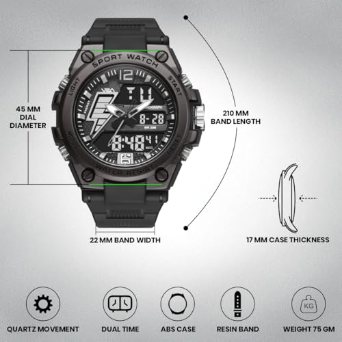 Image of V2A Stryke 45mm Analog Digital Sports Watch for Men | Hybrid Layered Dial | Alarm Stopwatch Backlight Day Date | TPU Strap | 30M Water Resistant | Gift for Mens