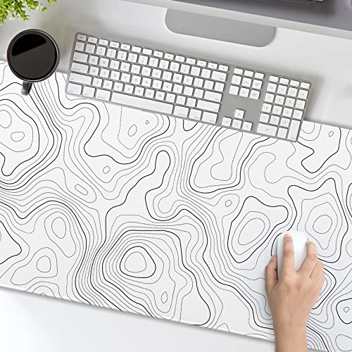 Image of Topographic Map Large Mouse Pad XXL White Lines Contour Geographic Extended Desk Mat Big 90X40 CM Non-Slip Rubber Base Stitched Edge Long Mousepad,35.4 x 15.7 Inch