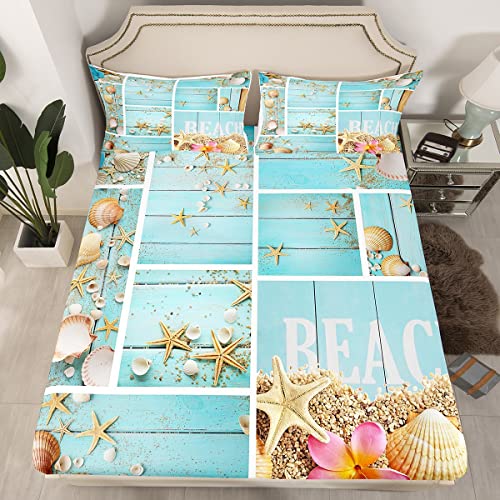 Erosebridal Hawaii Beach Bed Sheets Starfish Seashell Queen Sheet Set Pink Cherry Blossom Sheets Coastal Sealife Patchwork Flat Sheet Farmhouse Decor Lodge Cabin Fitted Sheet 4Pcs Light Blue #TOP1
