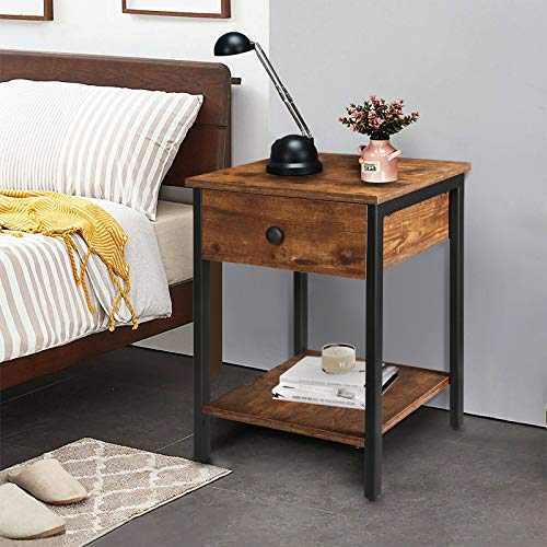 KINGSO Nightstands Industrial Side End Tables with Drawer and Storage Shelf 2 Tier Bedside Table Night Stand for Small Spaces Bedroom Wood Accent Furniture with Stable Metal Frame, Rustic Brown - Thumbnail 2