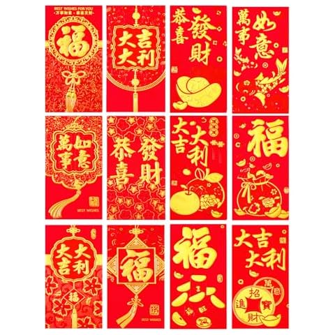 LMSHOWOWO 36PCS 12 Styles 2025 Chinese Red Envelopes, Chinese New Year Red Envelopes with Classic Chinese Patterns Blessing Words, Hong Bao Red Packet Lucky Money Envelope for Spring Festival (Large) Cover