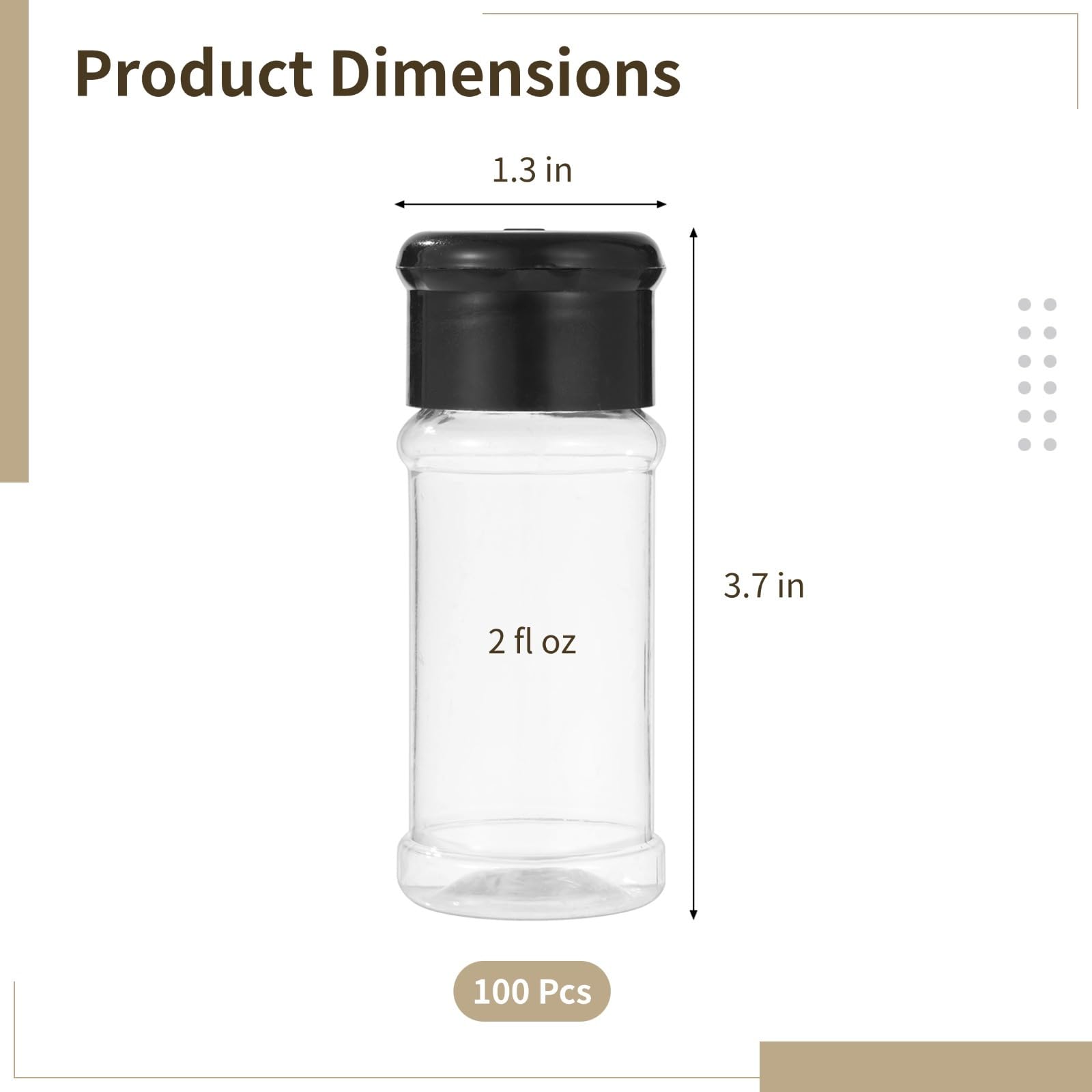 Lot de 100 pots à épices en plastique transparent avec couvercles noirs - Récipients rechargeables pour cuisine, garde-manger, herbes, épices, poudre