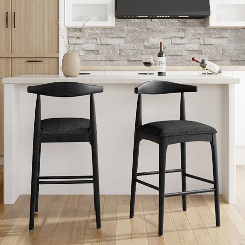 Christopher Knight Home Nami Butaco de Barra de Madera de 30.5'', Set de 2, Butaco Tapizado en Tela con Respaldo Curvo, Taburete de Cocina con Patas Delgadas en Taper y Reposapiés, Negro