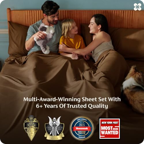 Image of Bedsure California King Sheet Sets, Cooling Sheets for Hot Sleepers, Rayon Derived from Bamboo, PureWoven, Breathable & Soft, Deep Pocket Up to 16 Inches, Hotel Luxury Silky Bedding, Brown