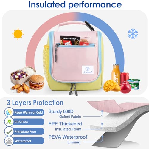 Image of Genteen Kids Lunch Box, Insulated Lunch Bag for Kids, Toddler, Girl, and Boy; Holds Lunch Box, Water Bottle, & Snacks; Easy-Clean Water-Resistant Fabric & Multiple Zippered Pockets (Yellow Blue)