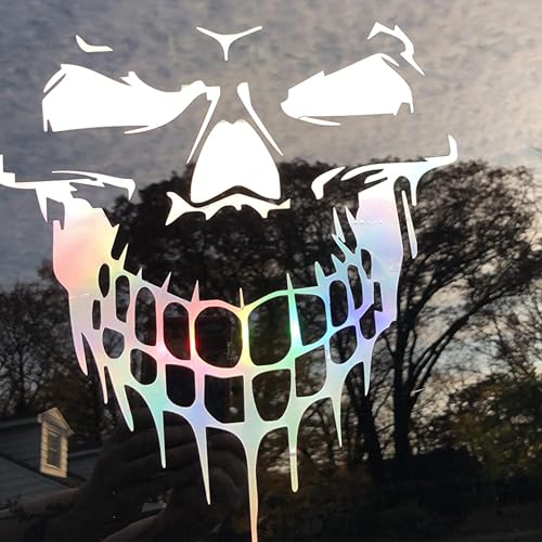 Image of Holographic Laser Skull Graphic Car Hood Sticker Self-Adhesive Vinyl Graphics Decals Scratch Hidden Car Sticker 19.68'' x 21.65'', Colorful