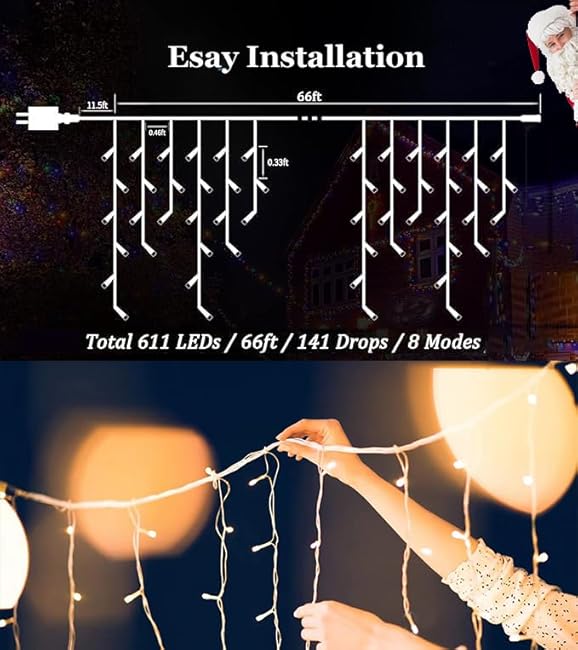BPAZVUH 66ft Outdoor LED String Lights, 8 Modes with Timer Memory, 611 LEDs on 141 Drops, Waterproof for Holidays, Weddings, Parties (Blue)