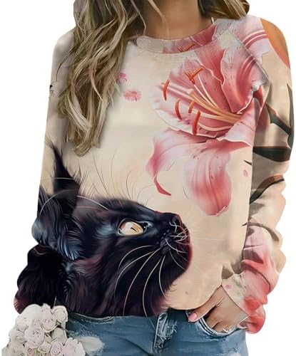 LOAIHA Womens Cat with Floral Print Sweatshirt Long Sleeve Crewneck Pullover Artistic Watercolor Cat in Purple Flowers Casual Loose Fit Terry Top for Unique Style and Comfort