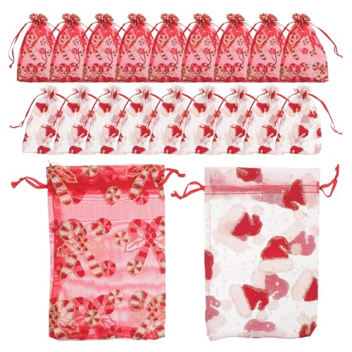 MOKKHNB ホリデーメッシュキャンディバッグ20個:メッシュジュエリーポーチ - 小さな巾着キャンディバッグ - クリスマスパーティーの記念品、冬のプレゼントに最適なシアーポーチ