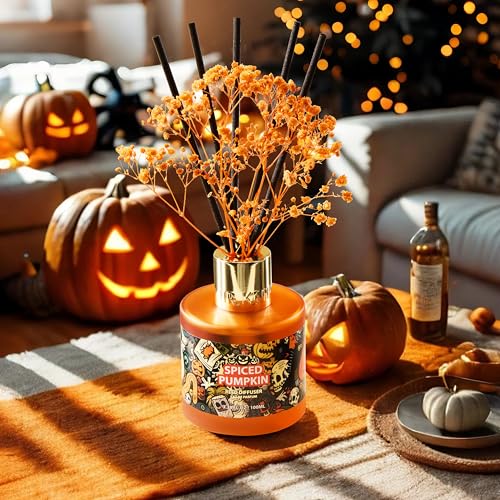 Image of Airkeep Halloween Reed Diffuser Set,3.38 fl oz (100 ml) - Spiced Pumpkin Oil Diffusers with 8 Reed Sticks, Home Fragrance Reed Diffuser for Bathroom Shelf Decor