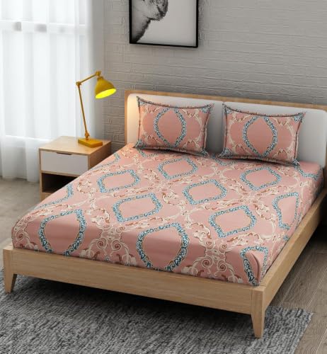 Image of 380 TC Premium Glace Cotton Elastic Fitted Bedsheet King Size with 2 Pillow Covers King Size | Double Bed with All Around Elastic (Pink, Fitted - 72 inchx78 inch King)