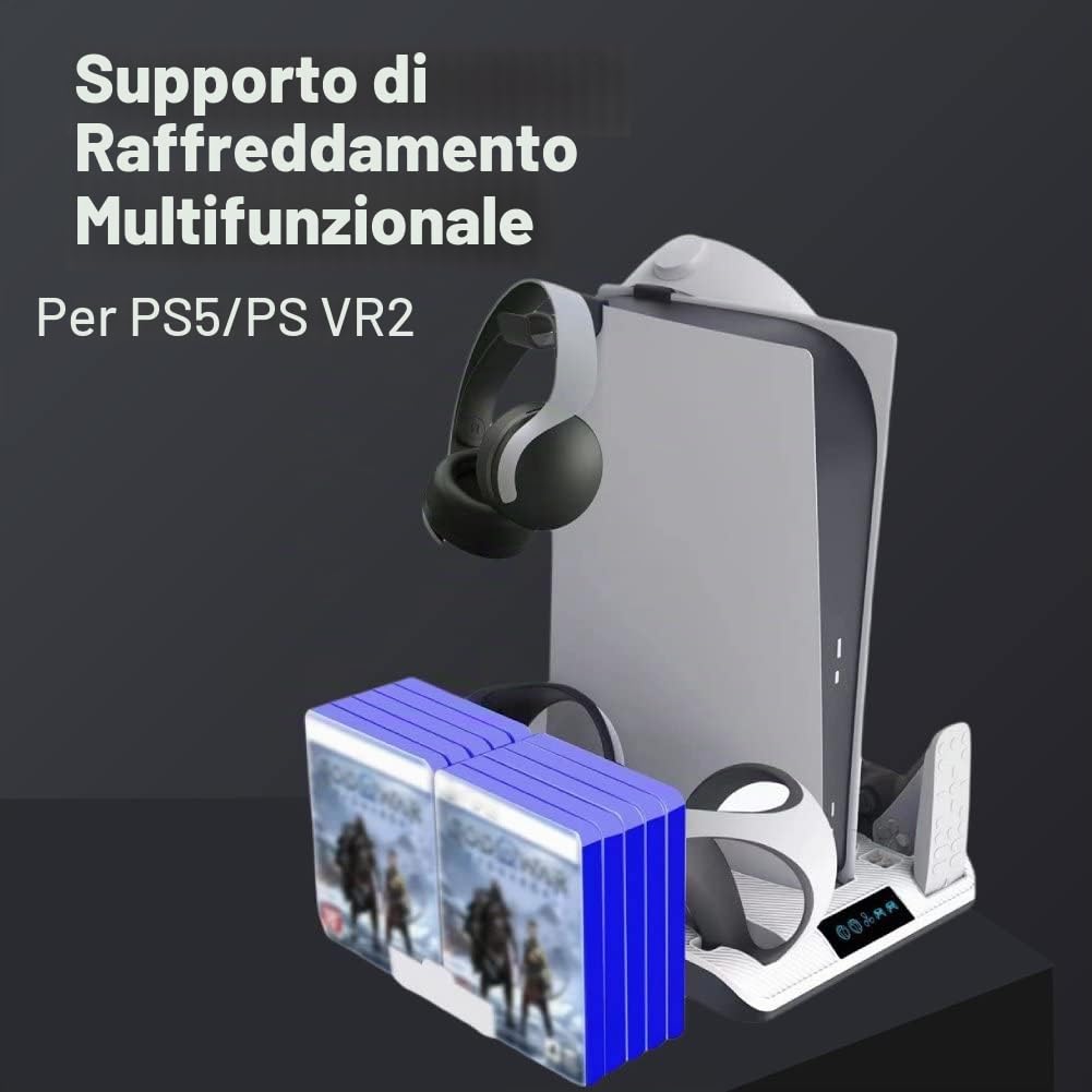 Supporto di ricarica multifunzionale di raffreddamento compatibile con console PS5 con stazione di ricarica a doppio controller VR2 per dock di ricarica con maniglia PS VR2