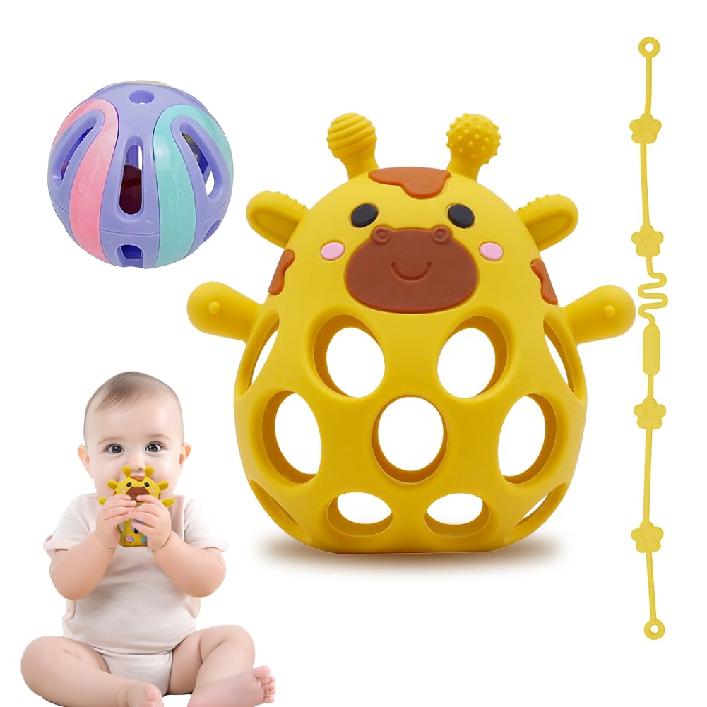 Beißring & Rassel für Babys - Sensorik Spielzeug ab 0 Monate, Zahnungshilfe & Greifball - Geschenk für Jungen & Mädchen Giraffe