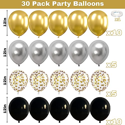 Image of Jobkoo Black Gold Balloons, Metallic Gold Silver Black Latex Balloon with Confetti Helium Party Balloons for Graduation Birthday Wedding Retirement New Year Decorations