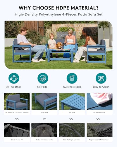 Image of SERWALL 8 Pieces HDPE Outdoor Conversation Sofa Set with Cushion, All Weather Couch Loveseat Furniture Set with Pads, Outdoor Social Sofa Coffee Table Set, Blue Frame with Grey Cushions