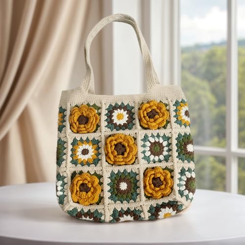 Image of Handmade Crochet Boho Shoulder Bag with Textured Floral Design & Zipper Closure - Cotton Lined Tote Purse for Women, Girls, Beach, Vacation, Photo Shoots, Parties