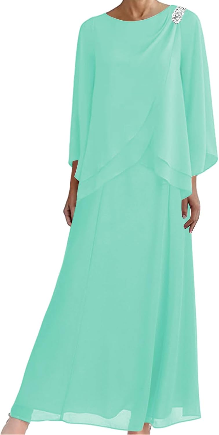 Mother of the Bride Dresses for Wedding-Long Evening Formal Dress Chiffon Wedding Guest Groom Dresses Tiered Beaded