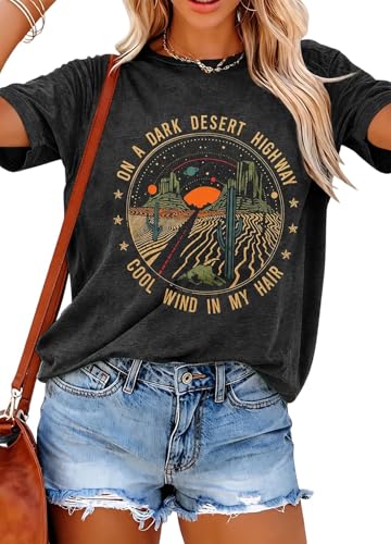 TAOHONG Adventure Shirts Women Retro Desert Highway T-Shirt Funny Western Graphic Tee Casual Short Sleeve Tee Tops