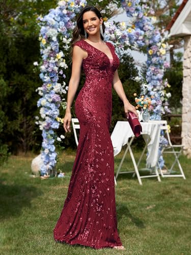 Womens Sequined Long Evening Gown Glamous Sleeveless V-Neck Mermaid Prom Dress for Wedding Party Club Occasions4