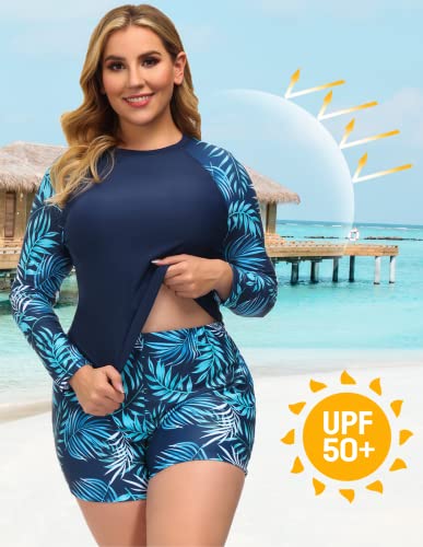 Hanna Nikole Women's Two Piece Long Sleeve Rash Guard Uv Protection Printed Surfing Swimsuit 18W Navy Blue #TOP1