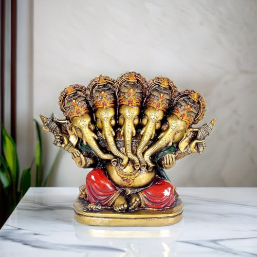 Image of Resin Panchmukhi Ganesha Decorative Showpiece, Panchmukhi Ganesha Idol, Home Decor, Office Gift Item, Multicolour, Height 5 Inches
