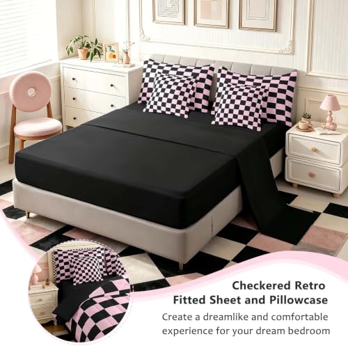 Image of Feelyou Checkered 7 Piece Bedding Set Teen Pink Black Plaid Comforter Set with Sheets Full Size Kids Boys Cute Retro Neutral Checkerboard Geometric Bed in a Bag Vintage Aesthetic Room Decor