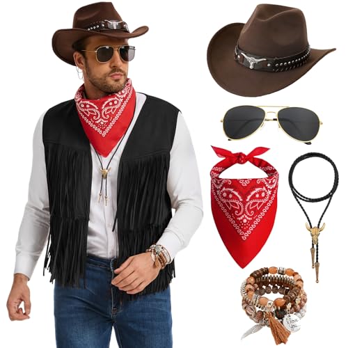 Costume Cowboy Homme Gilet à Franges Chapeau Western Noir XL