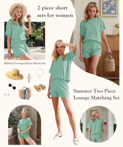 Image of MARZXIN Women 2 Piece Shorts Set 2026 Casual Summer Cruise Outfits Ribbed Loose Short Sleeve Pocket Matching Lounge Sets