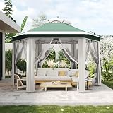 13'x13' Pop Up Gazebo Hexagonal Outdoor Canopy Tent with Mosquito Netting Dual Vent Roof Awning Waterproof, UV Resistant Height Adjustable for Backyard, Patio, Deck, Lawn Parties -Green (Beige&Green)