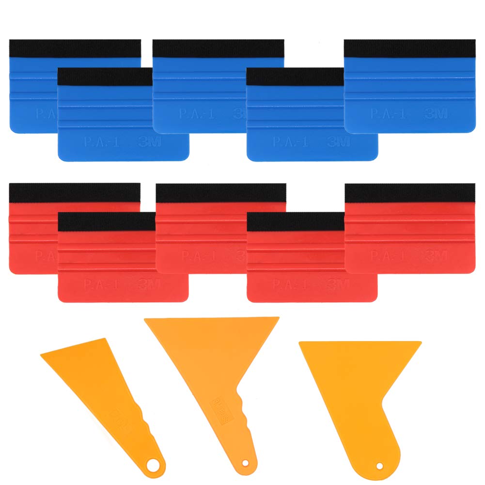 Geluode Blue,Red 13 Pieces Felt Edge Squeegee Car Wrapping Tool Kits,10 Pcs Felt Squeegee Applicator Tool With Straight Scraper,Round Scraper And Triangle Scraper,Car Vinyl Window Wrap Tint Tool