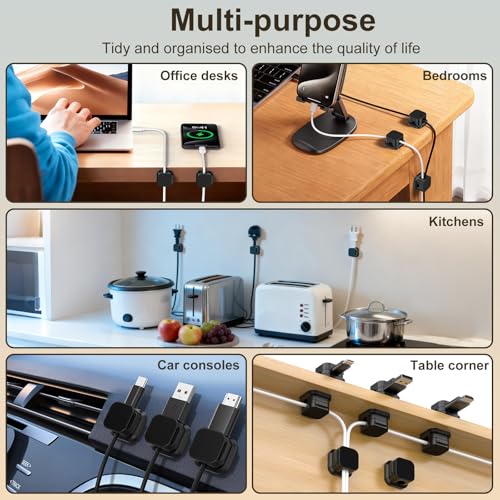 Image of 10 Pack Magnetic Cable Clips, [No-Residue] Adhesive Cable Holder, Wire Organizer Keeper for Nightstand, Desk, Home or Office (Black)