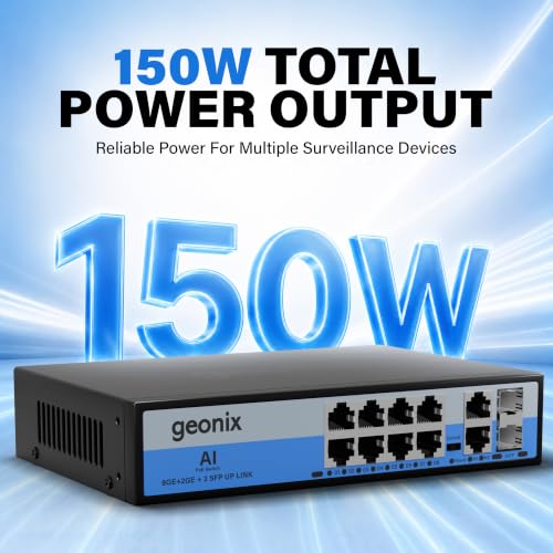 Image of Geonix 8-Port Gigabit PoE Switch with 2 Gigabit Uplink RJ45 + 2 SFP Slots, 150W PoE Budget, IEEE 802.3af /at, Unmanaged Ethernet Network Switch for CCTV, IP Cameras, NVR, Access Points, Metal Body
