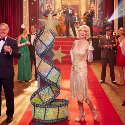 Image of DoubleFill 5.9 ft Movie Awards Night Party Decorations 3D Gold Stars Filmstrip Column Cardboard Cutout Stand up Premiere Party Decorations Red Carpet Photo Prop Backdrop for Movie Award Theme Decor