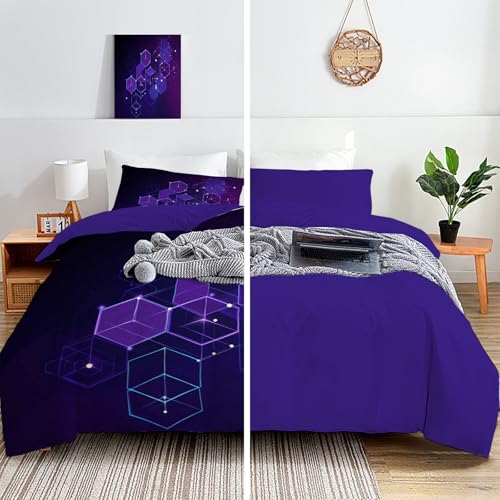 Housse de couette 240x260 violette avec 2 taies d'oreiller imprimé hexagone