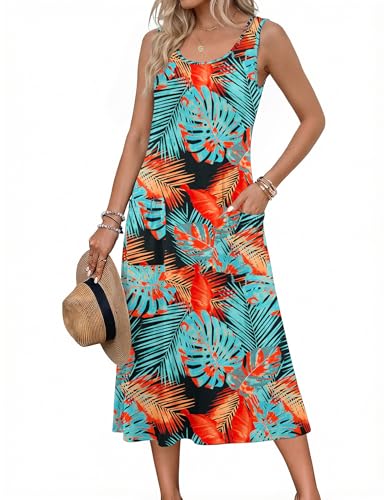 Image of Zeagoo Womens Summer Midi Dresses 2026 Casual Sleeveless Tank Sundresses A Line Crewneck Beach Vacation Dress with Pockets