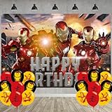 Hero Man Birthday Party Decoration,Iron Hero Party Photo Background 5 x 3 FT and 18 Pcs Balloon,Movie Merch Party Backdrop Supplies