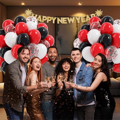 Image of 60pcs Red and Black Balloons 12inch, Red Black and White Balloons with Confetti Balloon for Wedding Graduation New Year Eve Birthday Party Decorations