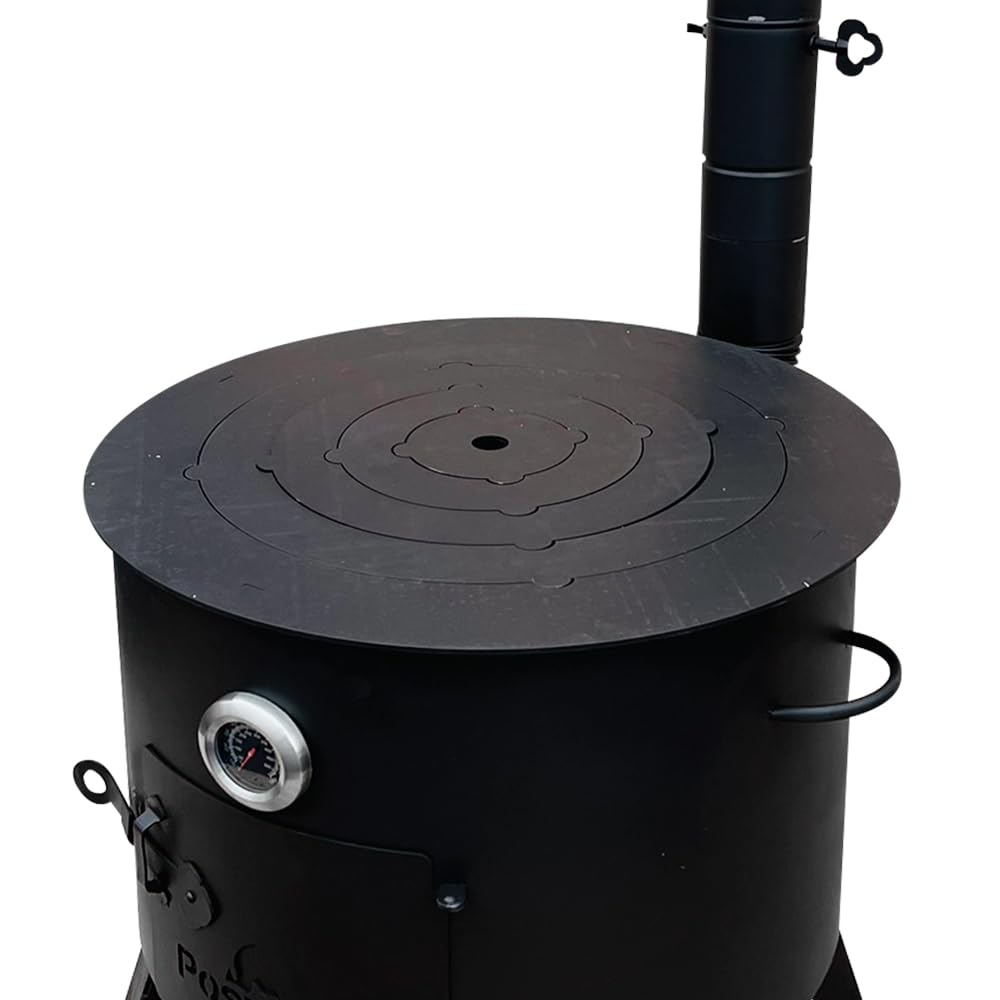 Utschak Uchag Feuerofen Ø 49 cm 2 mm Stahl Herdplatte 4mm Kazan 22 L runder Boden mit Thermometer Verlängerungsrohr, Schaumlöffel für Plov, 64 cm, Schaumlöffel für Plov, 48 cm (Set R22-4)