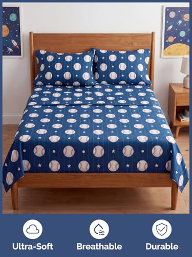 Image of Kids Queen Size Baseball Bed Sheets - 4 Piece Kids Baseball Sheet Set | Baseball Themed Bedding, Ultra-Soft, Cute & Cozy, Breathable & Machine Washable, Bed Set for Boys, Girls & Teens, Breathable