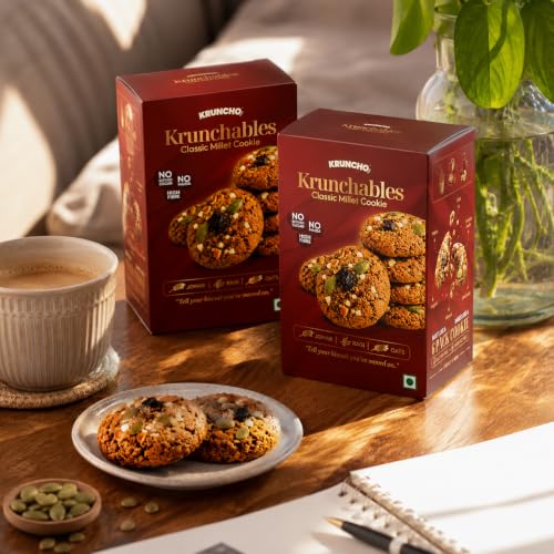 Image of KRUNCHO BY NVI Krunchables Millet Cookies Variety Pack | Chocolate & Classic Flavours | No Refined Sugar, No Maida | Made with Jowar, Ragi & Oats | 2 Boxes, 180g Total