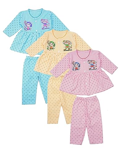 KIDS PARYANIS Baby Girl’s Fabulous Collection of Printed Full Sleeves Soft Hosiery Cotton Vests,Jhabla Frock with Pyjama Pants Dress for Kids Infant Toddler (Set of 3)