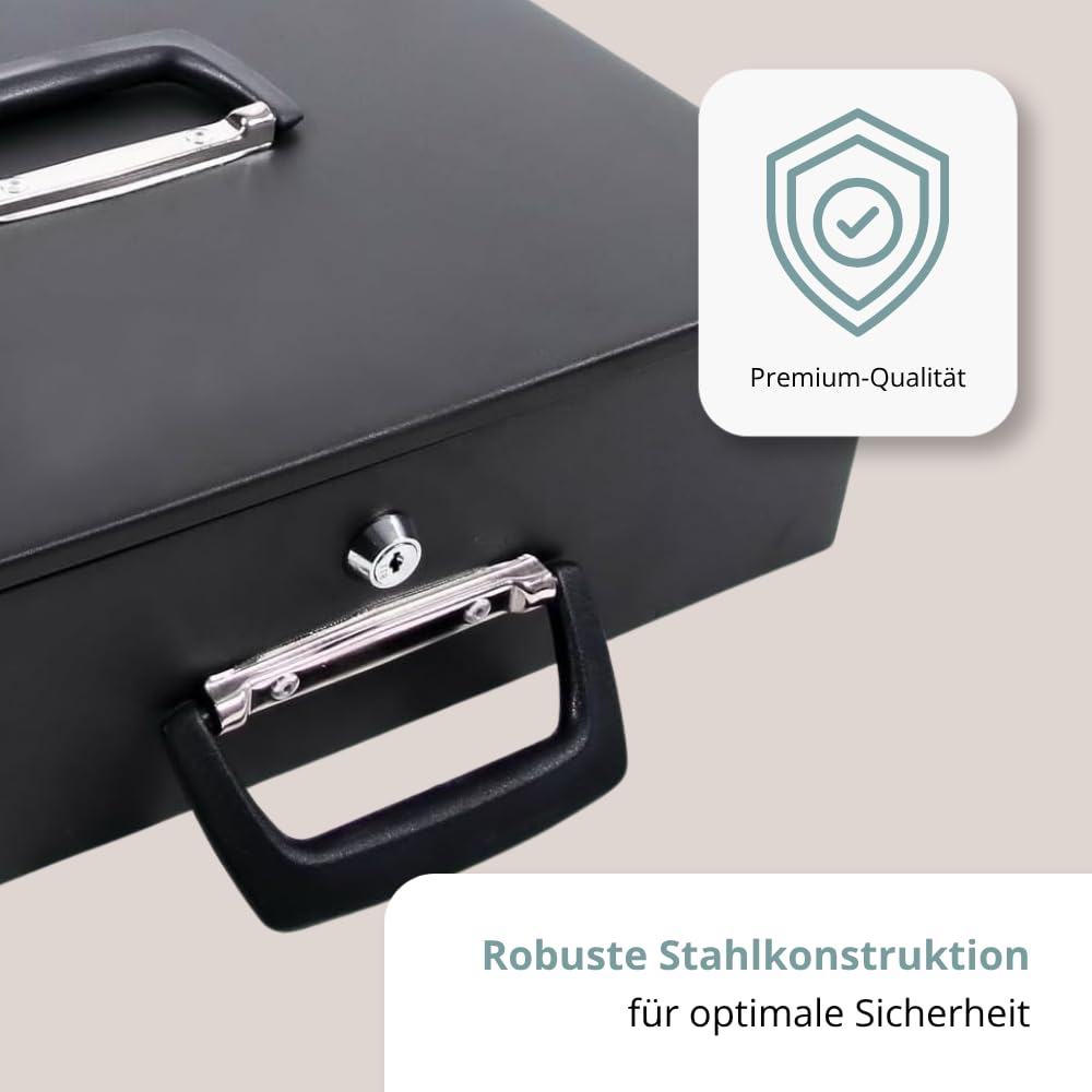 hjh OFFICE Geldkassette SAFE I – Abschließbare Stahl-Geldkassette mit Euro-Münzbrett, Banknotenfächern und Tragegriffen, für Bargeld, 35,5 x 27,5 x 10,5 cm