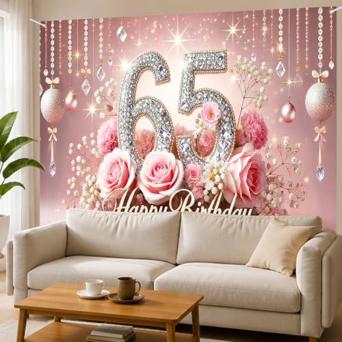 Image of Nuxovilar 65th Birthday Banner - Elegant Pink & Gold Floral Backdrop