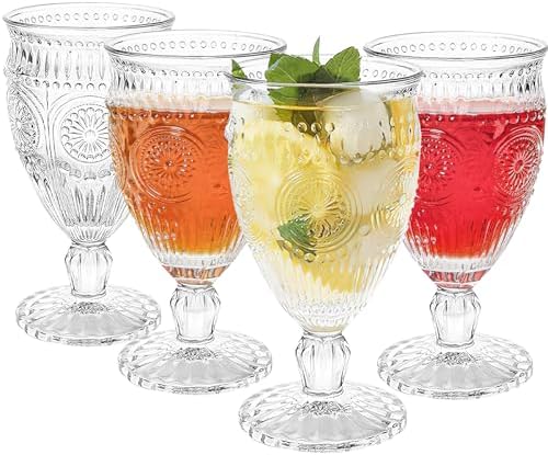 4 Pack Vintage Wine Glasses Set, 12 oz Wine Goblets Glass Stemmed Cocktail Glasses Water Goblets Classic Embossed Drinking Glasses Cups Set for Bars, Restaurants, Party, Wedding