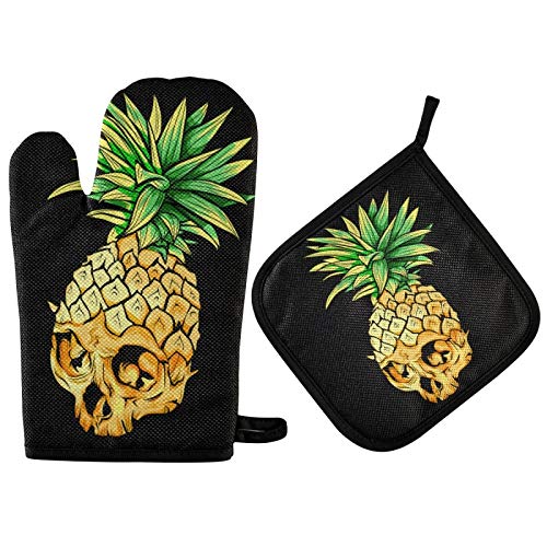 ExnundodSummer Pineapple Oven Mitts and Pot Holders, Sugar Skull Heat Resistant Gloves Potholders Pad Recycled Microwave Gloves Baking Gift