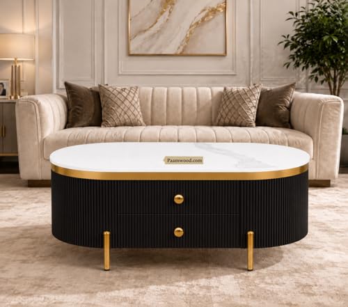 Image of Tesla Centre Table, 42x24x18 Inch, Nano Composite White Marble Top, Gold Accents, 2-Drawer Storage, Oval Design, Waterproof Plywood, PVD Legs, Modern Coffee Table for Living /Entryway