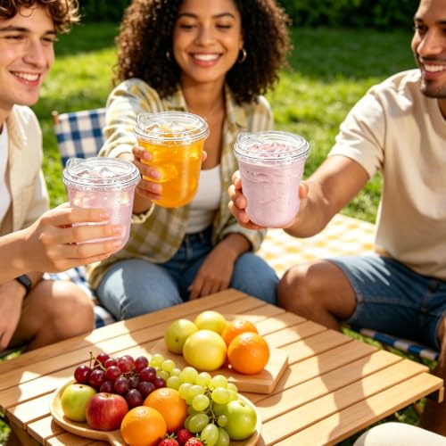 Image of 100 Sets 12 oz Clear Plastic Cups with Lids | Disposable Iced Coffee Cups with Sip Lids,Sturdy Plastic Smoothie Cups for Cold Drinks,Juice,Milkshake