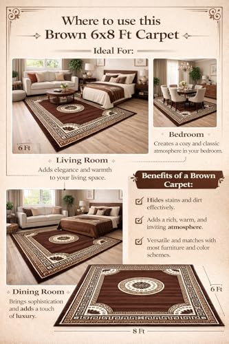 Image of Guldasta Brown Carpet 6x8 Feet for Living Room | Anti Slip Soft Velvet Carpet for Bedroom Hall | Large Floor Rug Home Decor