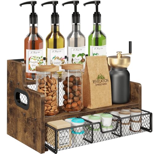 Image of Homode Coffee Syrup Rack Organizer, 3-Tier 8 Bottles Syrup Holder Stand with 35 K Cup Storage Basket Drawer for Coffee Bar, Wood Liquor Shelf Wine Rack Countertop for Home, Rustic Brown